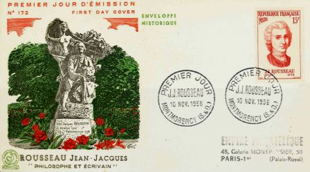 Enveloppe et timbre-poste : Rousseau Jean-Jacques, philosophe et écrivain, 1956