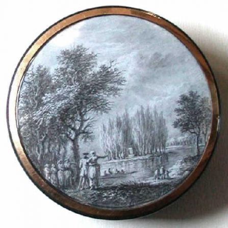 Boîte ronde avec miniature représentant le premier tombeau de Jean-Jacques Rousseau à Ermenonville